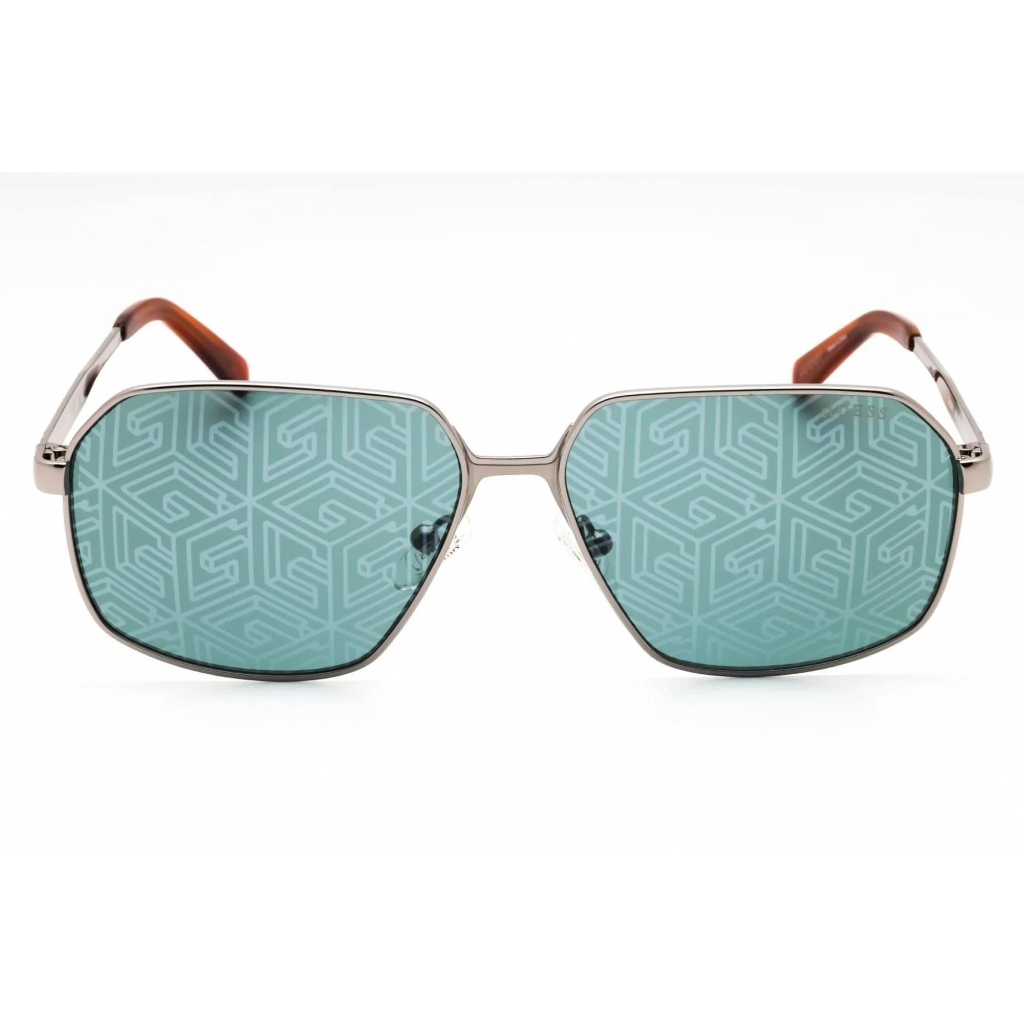 Guess Men's Sunglasses - Shiny Gunmetal Metal Geometric Frame Green Lens | GU00071 08N